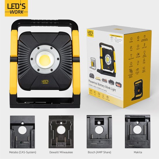 LED's Work 18V Acculamp Werklamp - Incl Adapters - LED Werklamp 5000lm – Klasse 3 • IP54 • IK08 • Dimbaar • Compatibel met Makita, Bosch, DeWalt & Metabo Bouwlampen led.gl