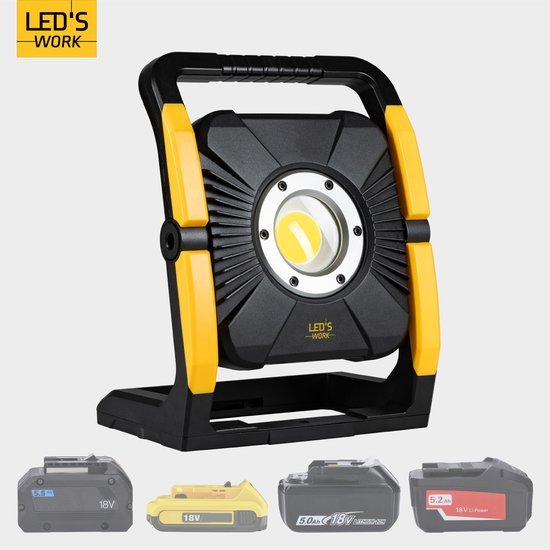 LED's Work 18V Acculamp Werklamp - Incl Adapters - LED Werklamp 5000lm – Klasse 3 • IP54 • IK08 • Dimbaar • Compatibel met Makita, Bosch, DeWalt & Metabo Bouwlampen led.gl