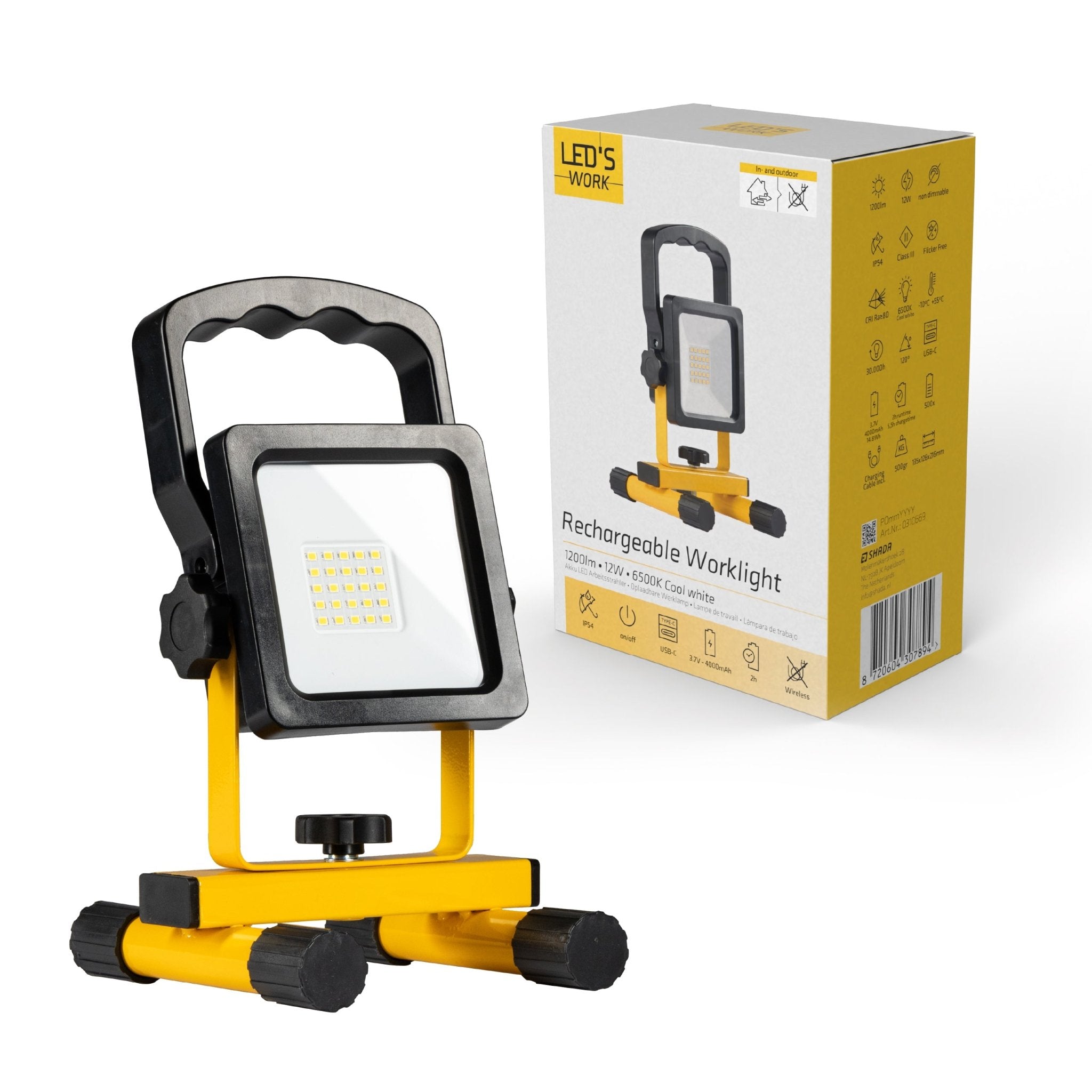 LED's Work draadloze LED Werklamp op accu 1200lm - Oplaadbaar en kantelbaar - Zwart geel Werklampen led.gl