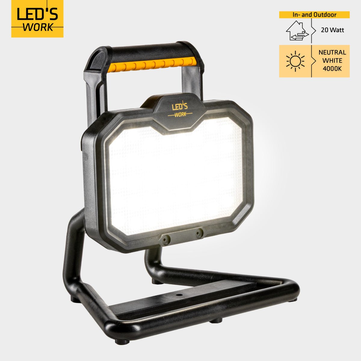 LED's Work LED oplaadbare Bouwlamp 20W 2000lm - Werkt draadloos op accu - Stof- en waterdicht - Inklapbaar Bouwlampen led.gl