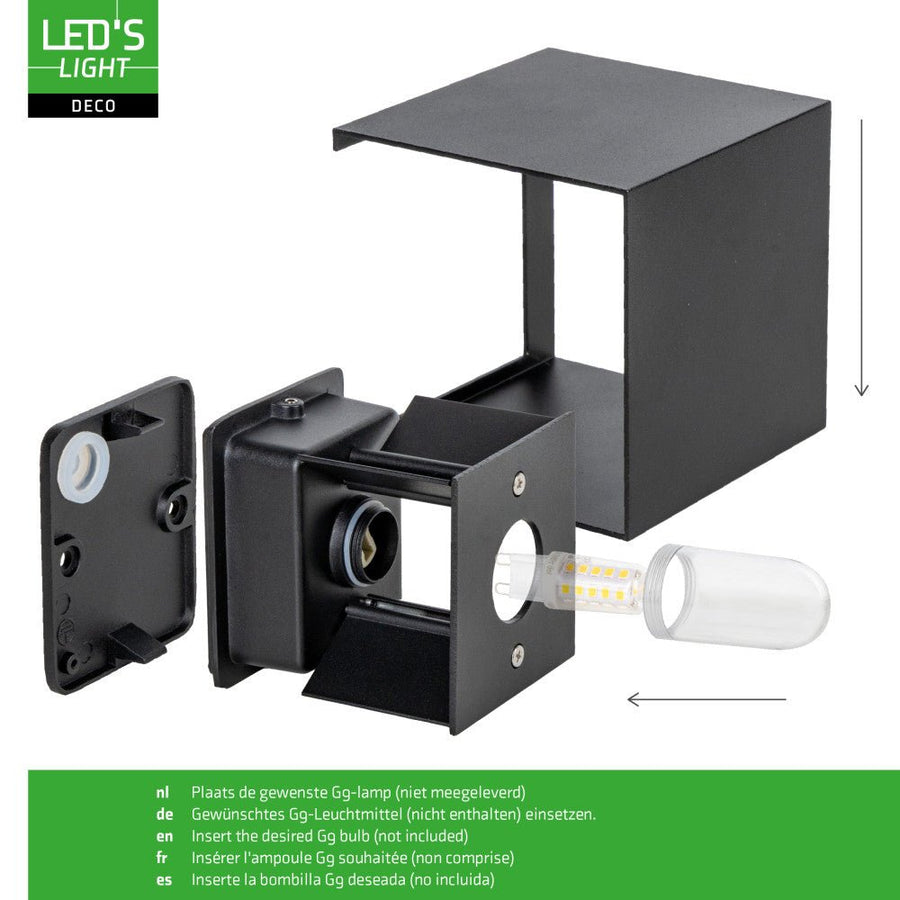 Lumo Cube Zwart - Wandarmatuur zonder lichtbron - Excl 1xG9 - IP65 Wandlampen led.gl