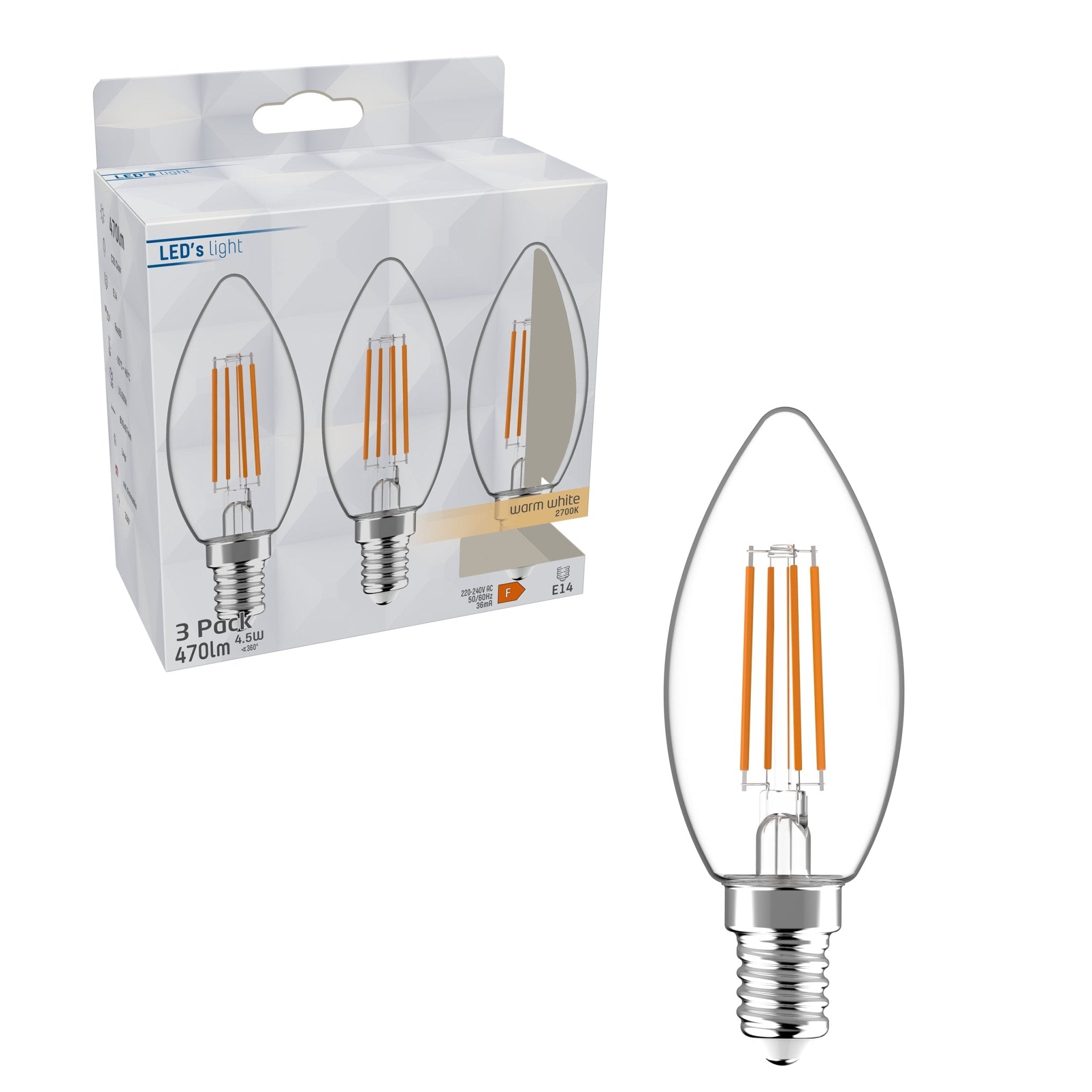 LED Lampen Kaars E14 - helder glas - Warm wit licht - 470 lm - 3PACK LED Filament Lampen led.gl