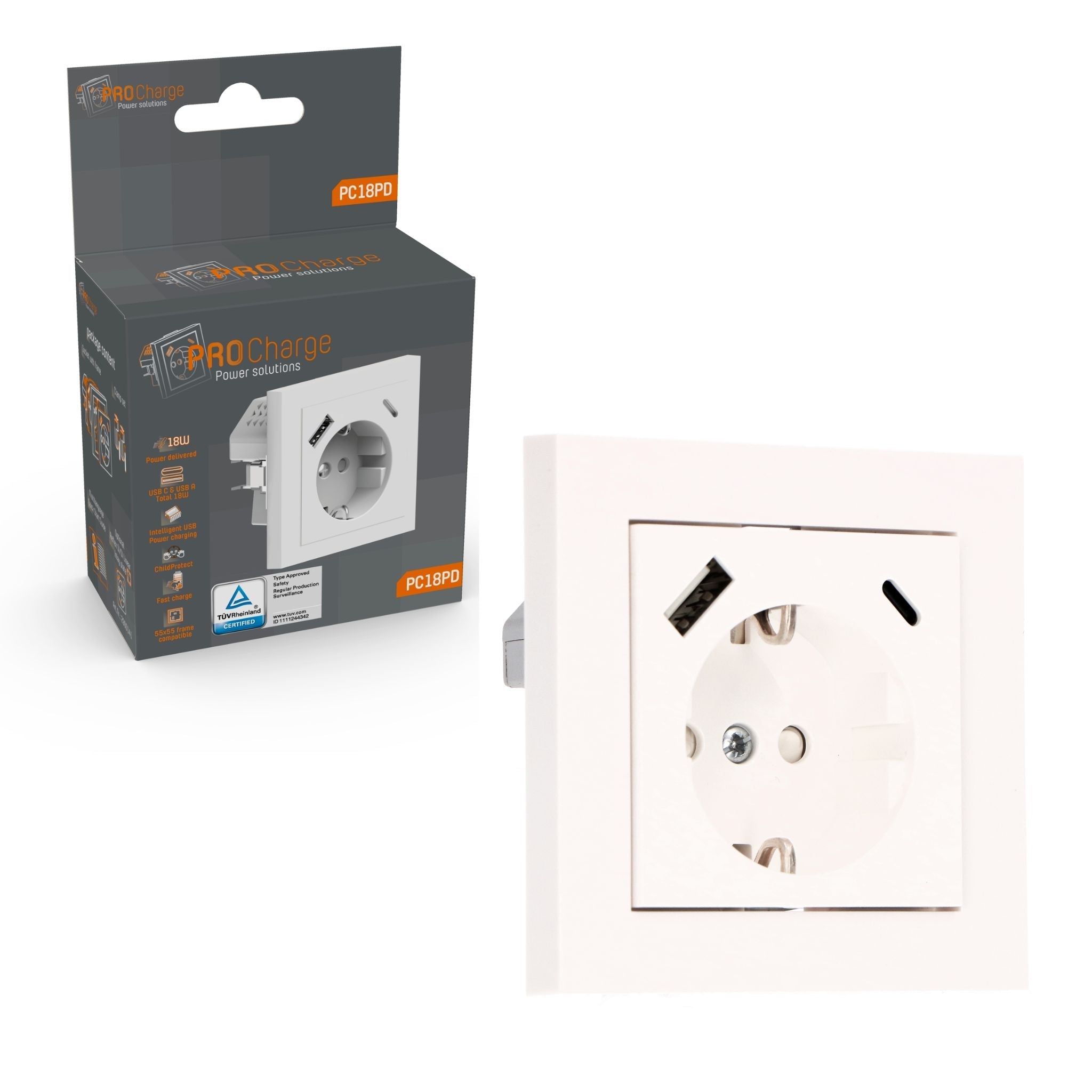 ProCharge Wandcontactdoos met USB-C en USB snelladers - Universeel - Wit - RAL9010 Stekkers led.gl