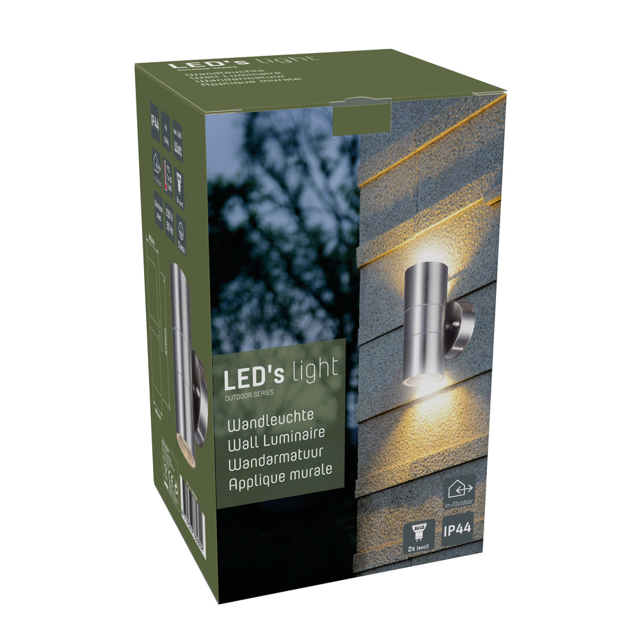 3 pack LED's Light RVS LED Muurlamp Buiten - Spot met 2 x GU10 fitting - Model Catania - IP44 - Zilver Spotjes led.gl
