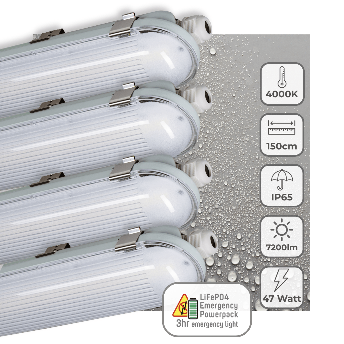 4 PACK - LED's Light PRO Philipps LED TL armatuur 150 cm - Met noodaccu - 185lm/w - Energielabel B - 47W 7200lm 4000K led.gl