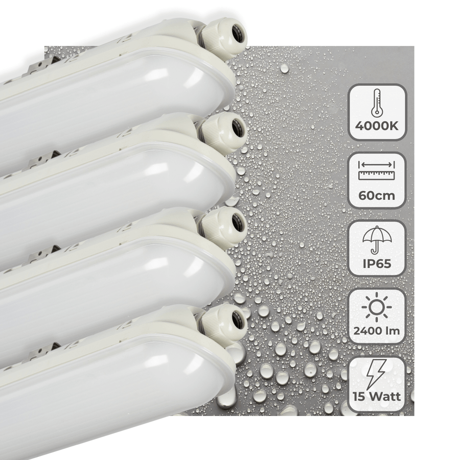 4 PACK -LED's Light Pro TL armatuur compleet 60 cm - Koppelbaar - IP65 Waterdicht - 2400 lm - 15W - 160lm/w led.gl