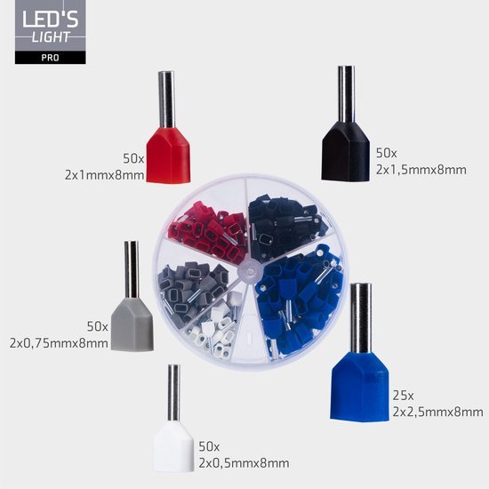 Adereindhulzen assortiment set - 5 maten van 0.5mm² tot 2.5mm² - dubbele draad hulzen - 225 Stuks Snoeren led.gl