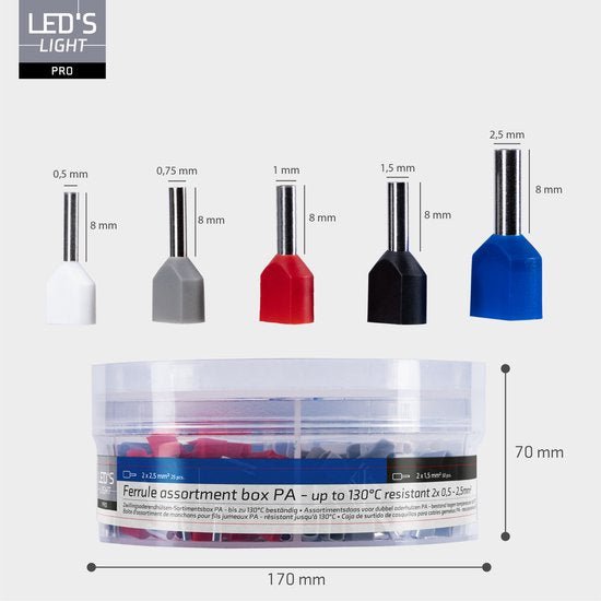 Adereindhulzen assortiment set - 5 maten van 0.5mm² tot 2.5mm² - dubbele draad hulzen - 225 Stuks Snoeren led.gl