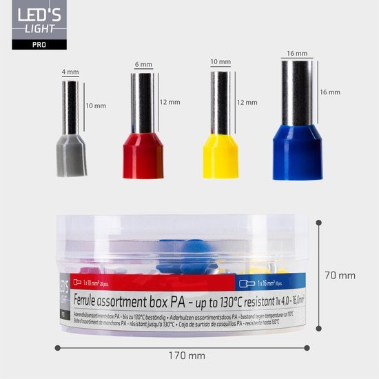 Adereindhulzen assortiment set - 5 Maten van 4mm² tot 16mm²- 225 Stuks Snoeren led.gl