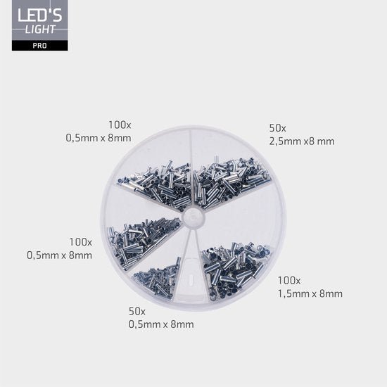Aderhulzen assortiment set - 5 maten van 0.5mm² tot 2.5mm² - 1100 stuks Snoeren led.gl