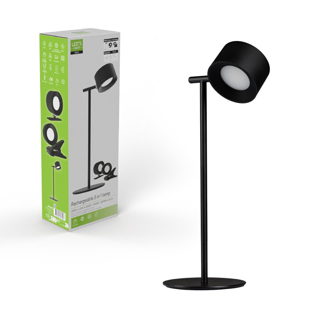 LED's Light 3-in-1 Draadloos Oplaadbaar Spotje - Tafellamp, Klemlamp & Wandlamp - Zwart Tafellampen led.gl