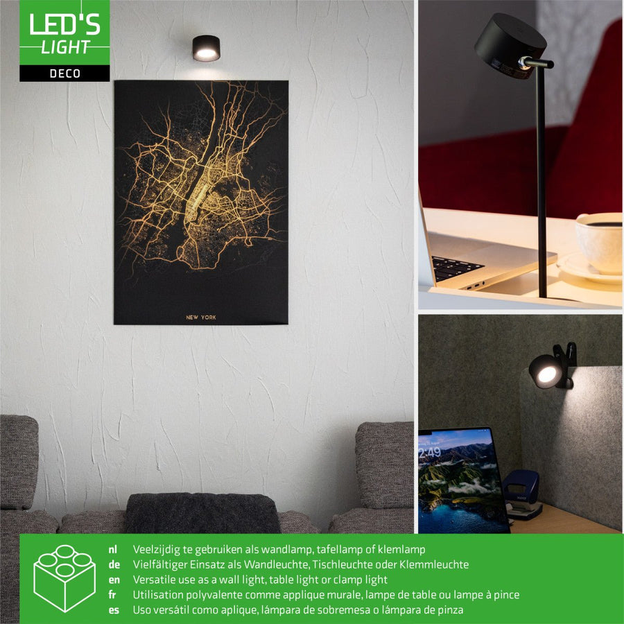 LED's Light 3-in-1 Draadloos Oplaadbaar Spotje - Tafellamp, Klemlamp & Wandlamp - Zwart Tafellampen led.gl