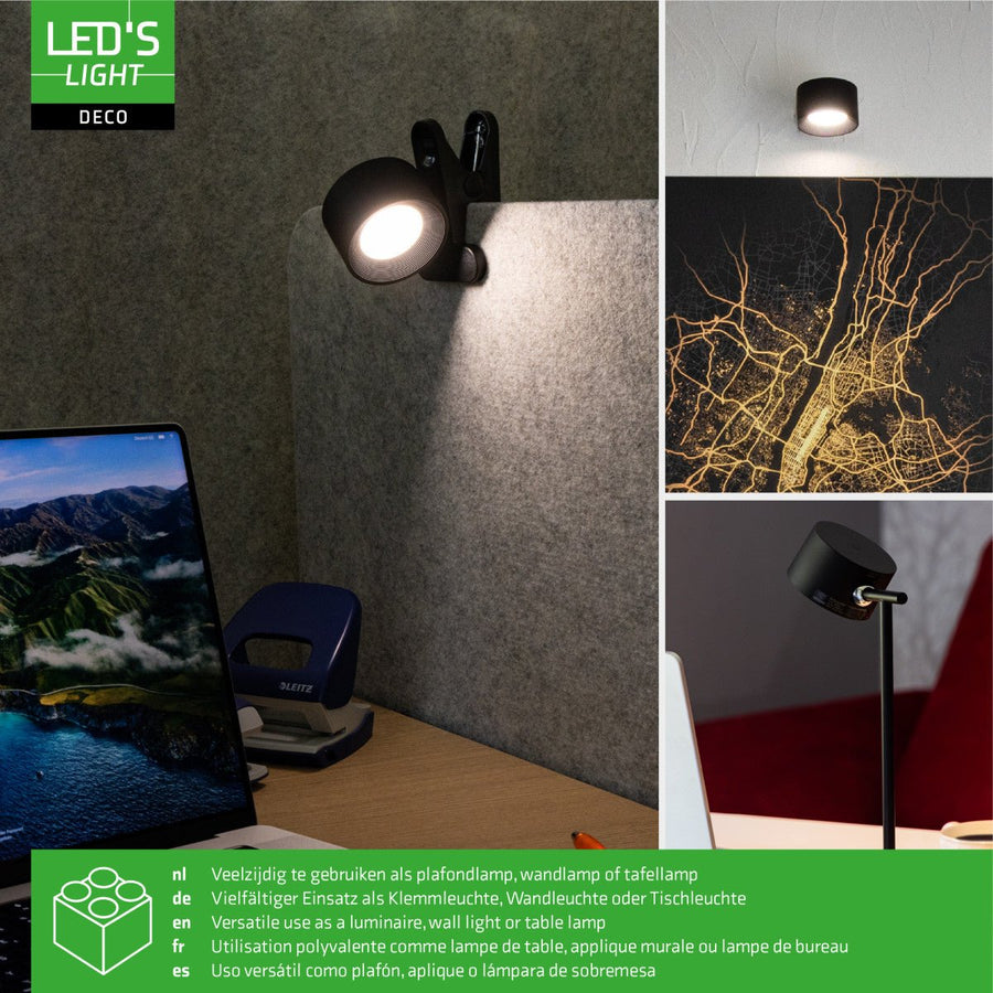 LED's Light 3-in-1 Draadloos Oplaadbaar Spotje - Tafellamp, Klemlamp & Wandlamp - Zwart Tafellampen led.gl
