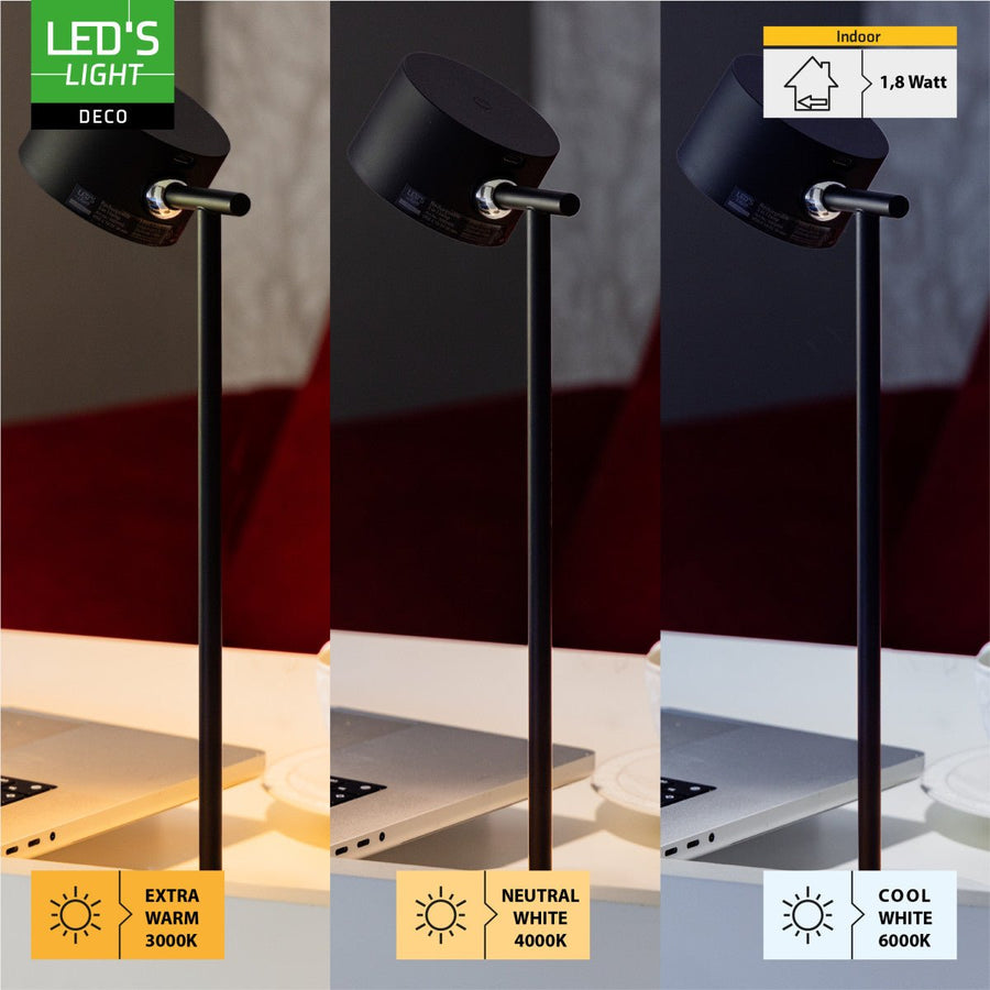 LED's Light 3-in-1 Draadloos Oplaadbaar Spotje - Tafellamp, Klemlamp & Wandlamp - Zwart Tafellampen led.gl