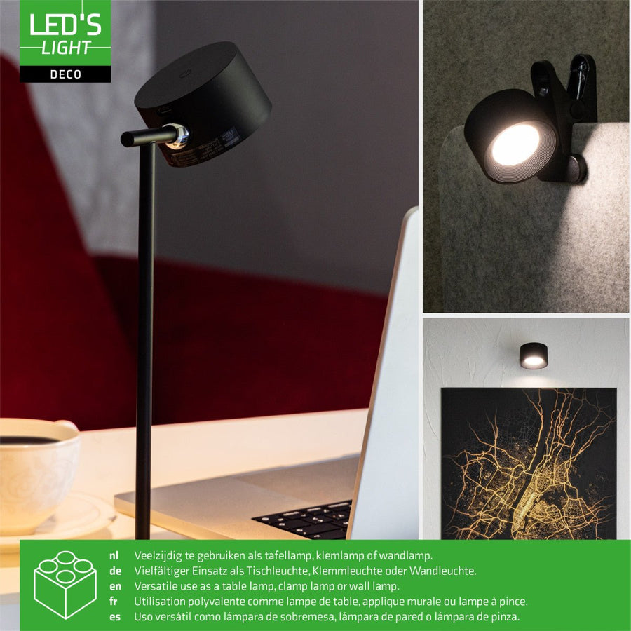 LED's Light 3-in-1 Draadloos Oplaadbaar Spotje - Tafellamp, Klemlamp & Wandlamp - Zwart Tafellampen led.gl