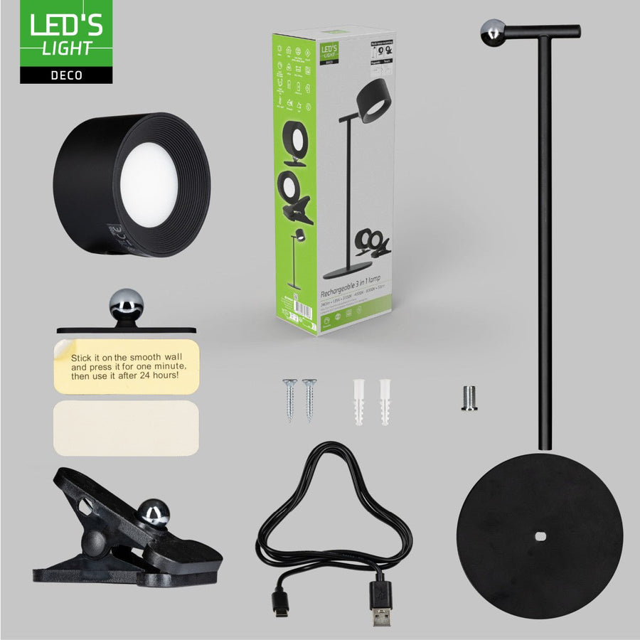 LED's Light 3-in-1 Draadloos Oplaadbaar Spotje - Tafellamp, Klemlamp & Wandlamp - Zwart Tafellampen led.gl