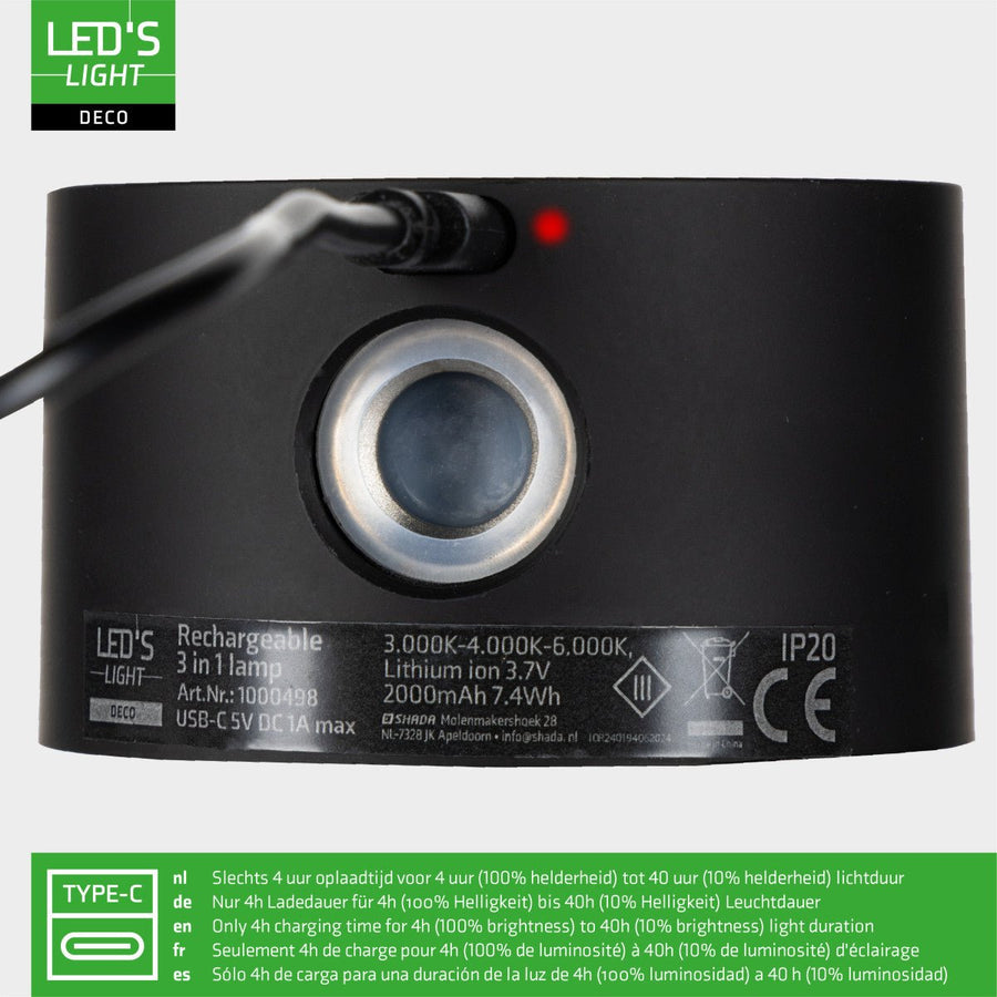 LED's Light 3-in-1 Draadloos Oplaadbaar Spotje - Tafellamp, Klemlamp & Wandlamp - Zwart Tafellampen led.gl