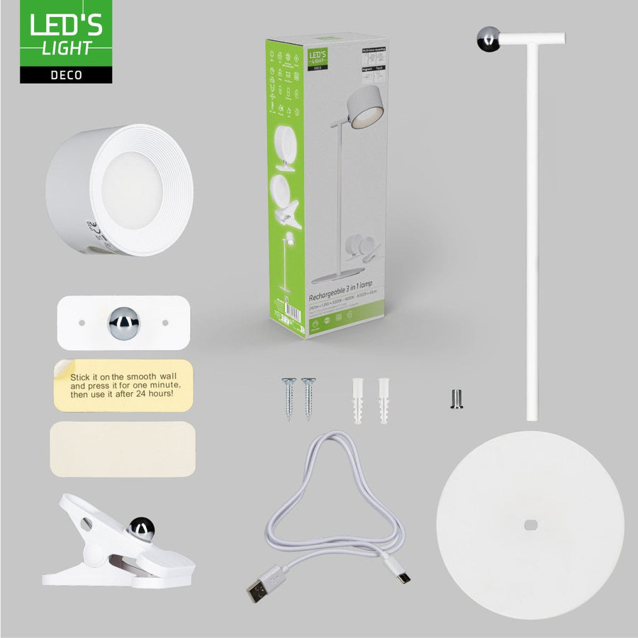 LED's Light 3-in-1 draadloze oplaadbare lamp met magnetische muurbeugel, voet en klem - Wit Tafellampen led.gl