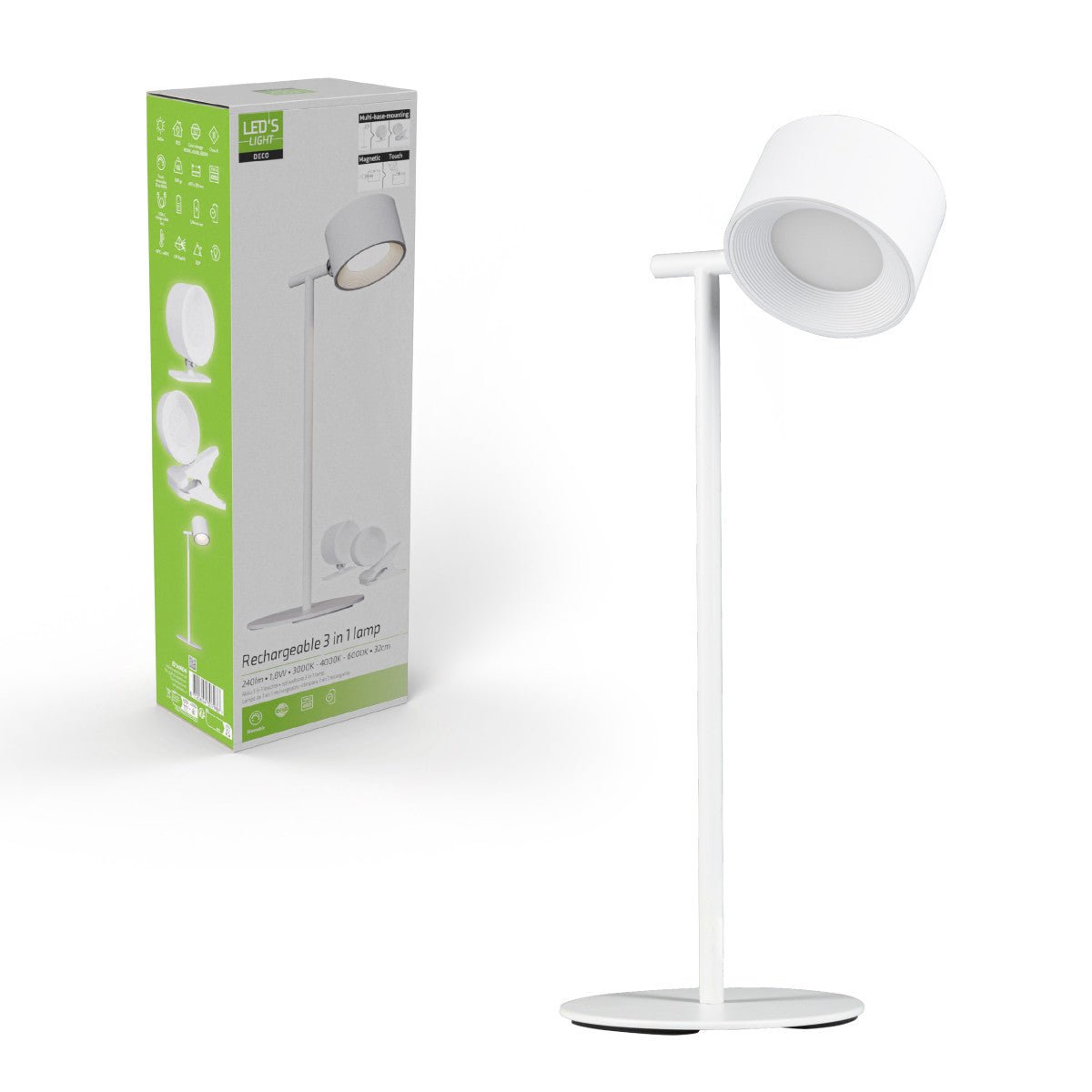 LED's Light 3-in-1 draadloze oplaadbare lamp met magnetische muurbeugel, voet en klem - Wit Tafellampen led.gl