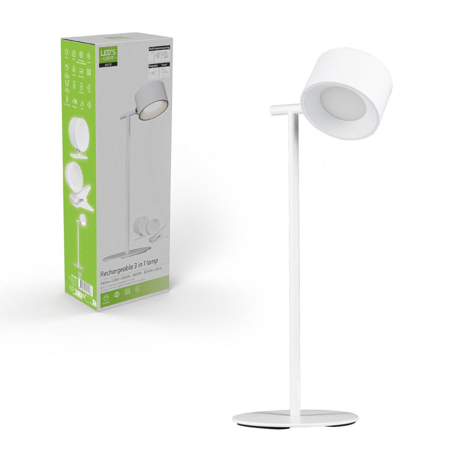 LED's Light 3-in-1 draadloze oplaadbare lamp met magnetische muurbeugel, voet en klem - Wit Tafellampen led.gl