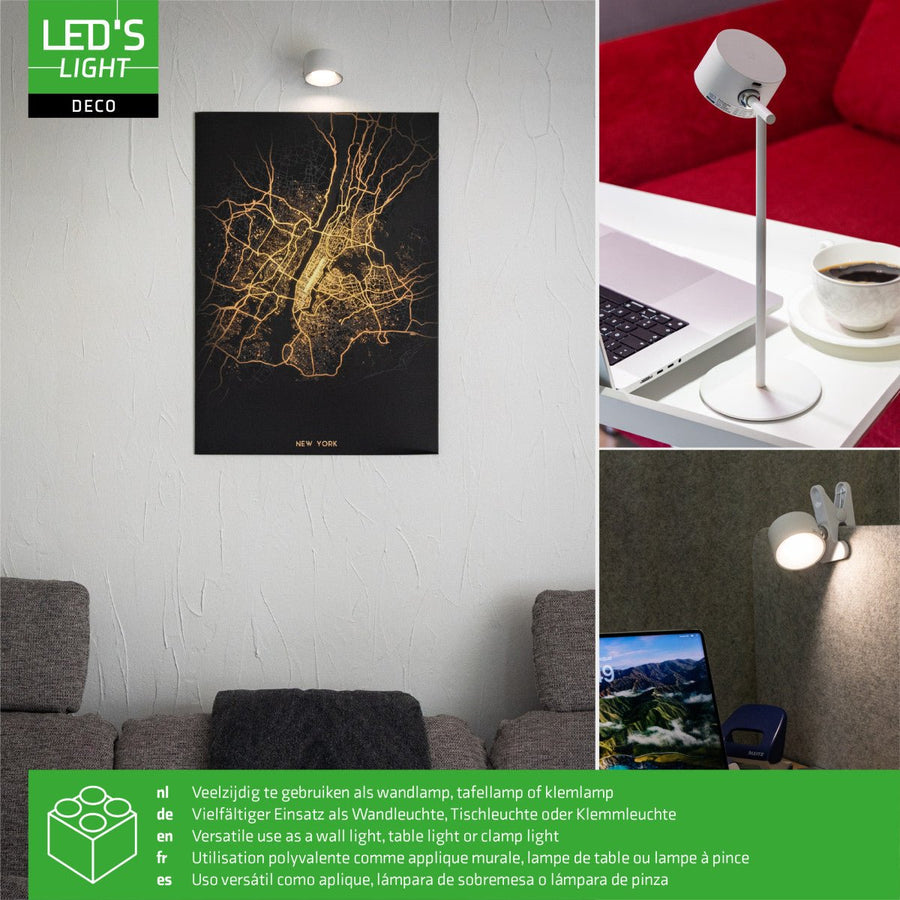 LED's Light 3-in-1 draadloze oplaadbare lamp met magnetische muurbeugel, voet en klem - Wit Tafellampen led.gl
