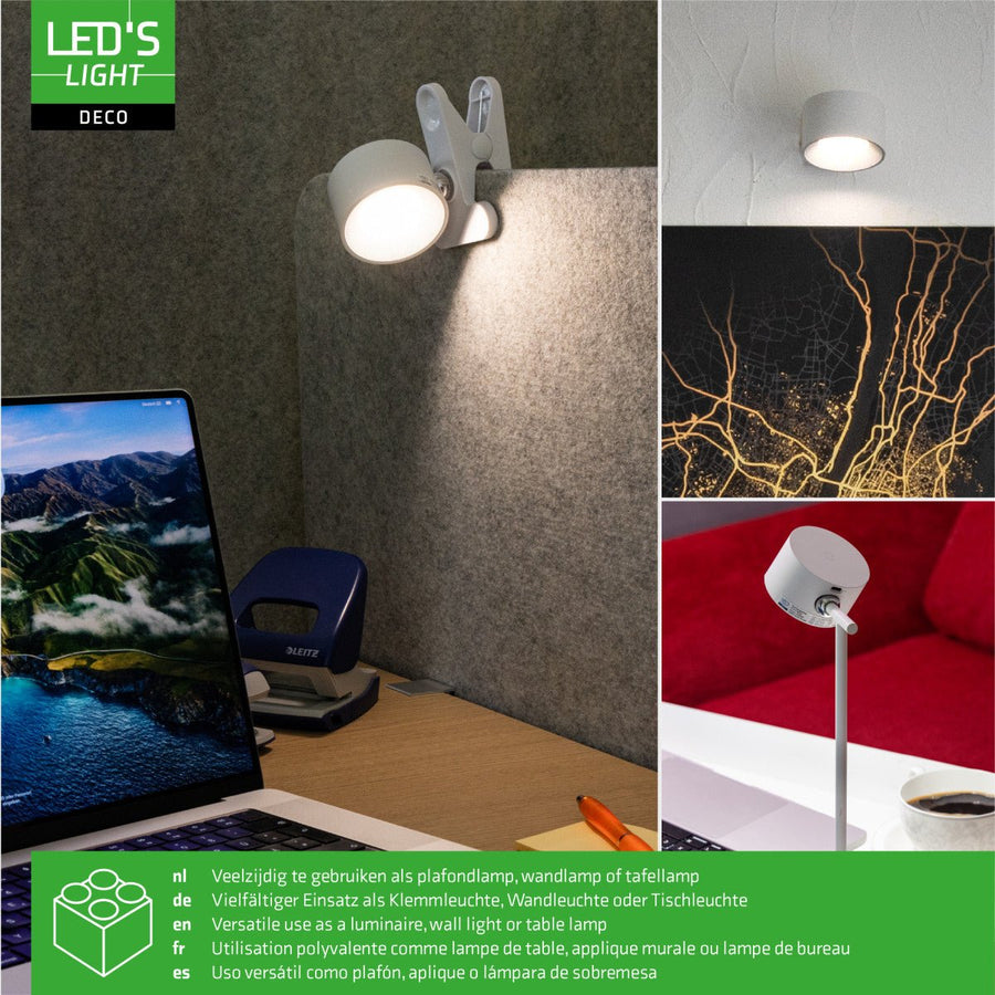 LED's Light 3-in-1 draadloze oplaadbare lamp met magnetische muurbeugel, voet en klem - Wit Tafellampen led.gl