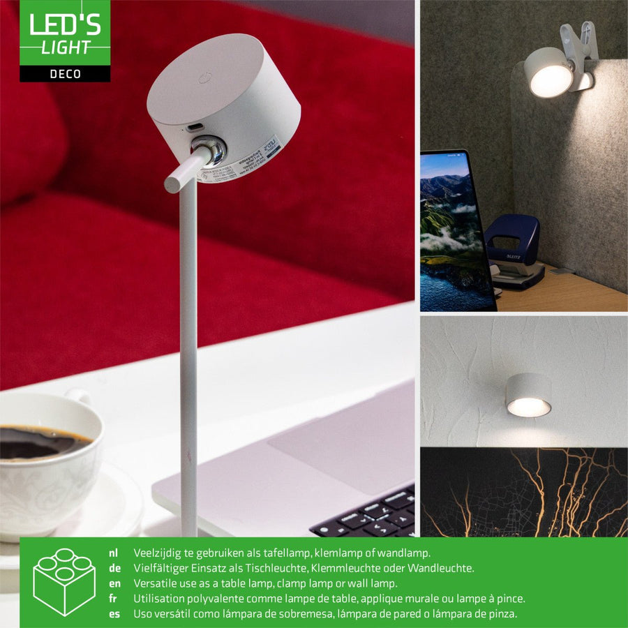 LED's Light 3-in-1 draadloze oplaadbare lamp met magnetische muurbeugel, voet en klem - Wit Tafellampen led.gl