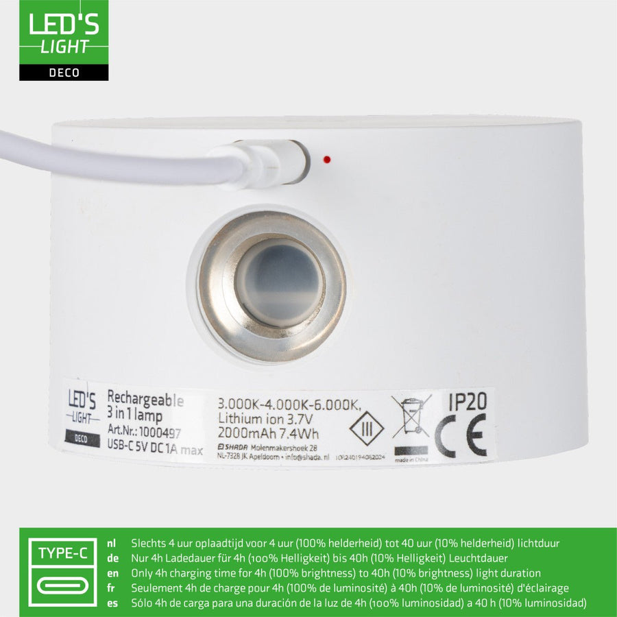 LED's Light 3-in-1 draadloze oplaadbare lamp met magnetische muurbeugel, voet en klem - Wit Tafellampen led.gl