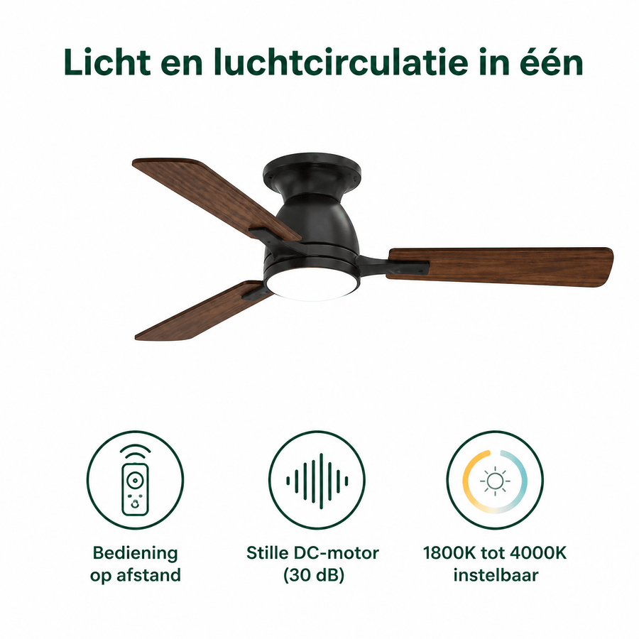 LED's Light Plafondventilator met lamp 106cm 2in1 Hout/Zwart 53W 2200lm 1800K/4000K Plafondventilatoren led.gl