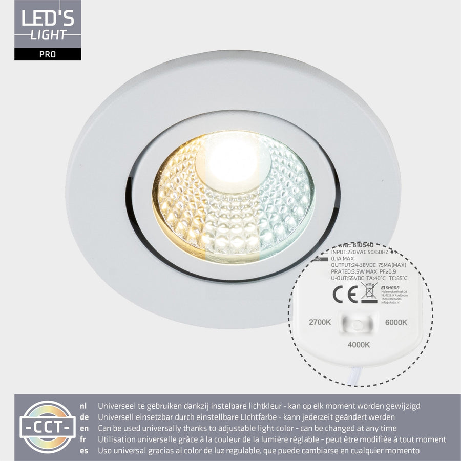3 PACK - LED's Light PRO Inbouwspot 68 mm - Indoor & Outdoor - 3 lichtkleuren - Dimbaar licht - Wit Inbouwspots led.gl