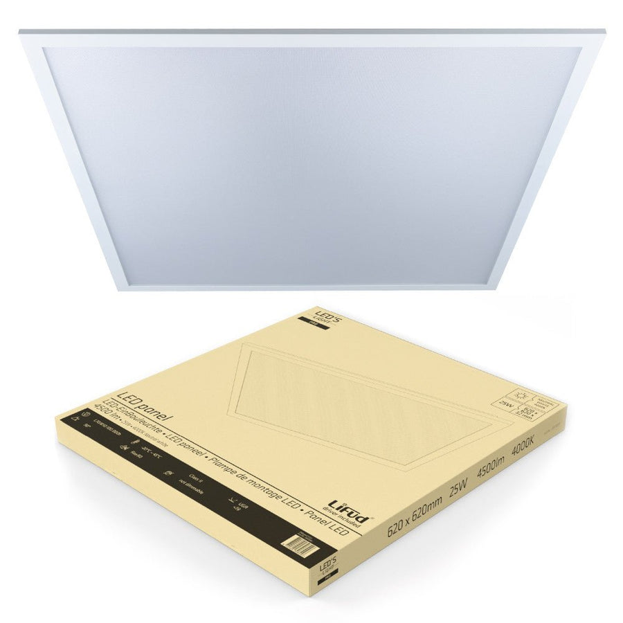 LED's Light Pro Paneel - 180lm/w - 25W 4500lm 4000K UGR<19 - 620x620mm - Lifud-driver - Wit - Duitse maat Panelen led.gl