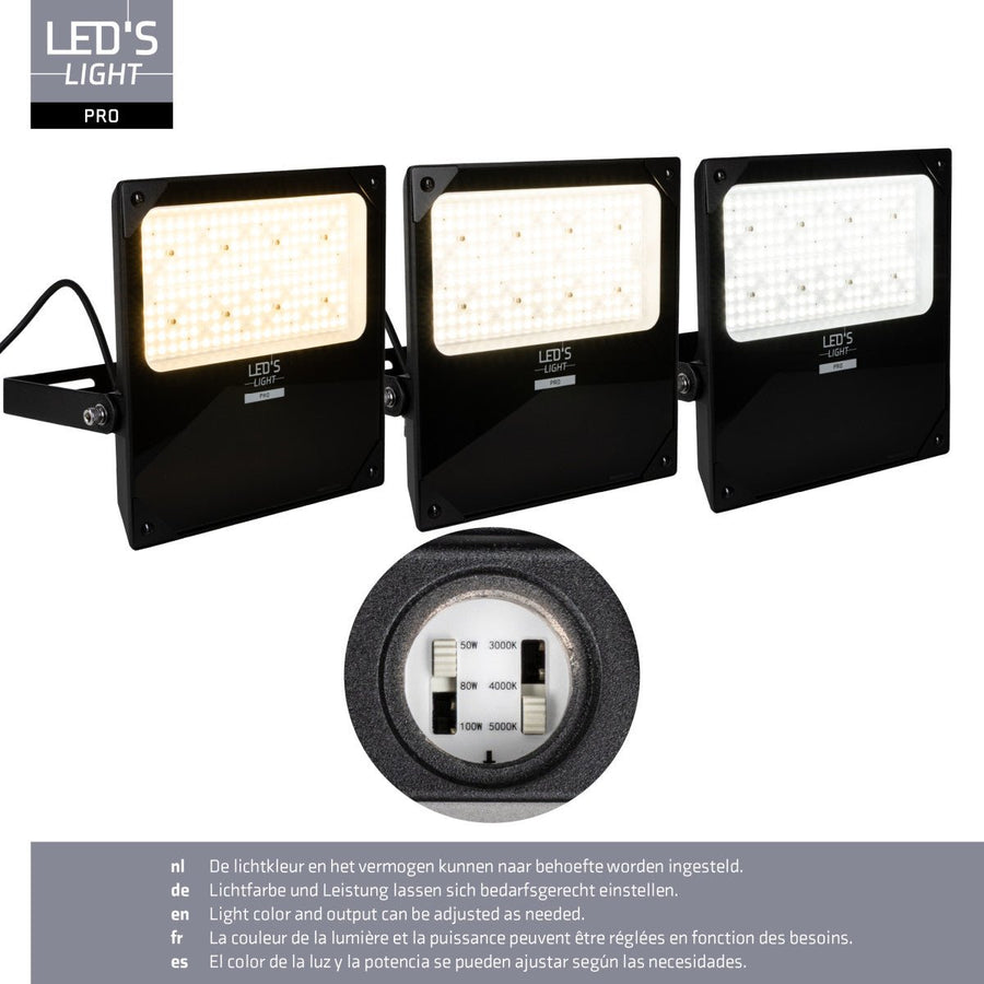 LED's Light pro Schijnwerper floodlight - CCT - 100W 14000lm 3000K/4000K/5000K - Sosen voeding - Zwart - IP66 IK08 Vermogen verstelbaar Schijnwerpers led.gl