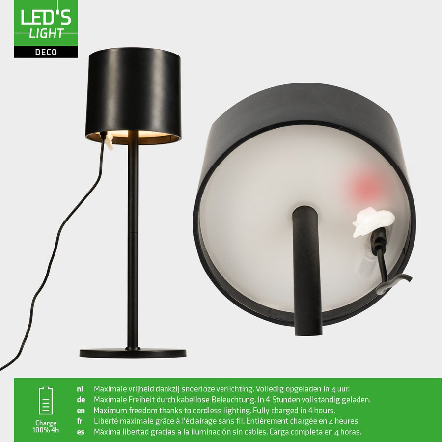 LED's Light Tafellamp op accu - oplaadbaar en draadloos - voor binnen en buiten - 3 kleuren - Zwart Tafellampenen led.gl