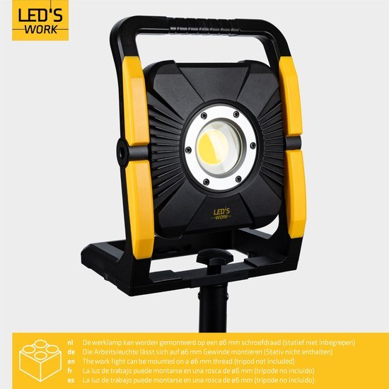 LED's Work 18V Acculamp Werklamp - Incl Adapters - LED Werklamp 5000lm – Klasse 3 • IP54 • IK08 • Dimbaar • Compatibel met Makita, Bosch, DeWalt & Metabo Bouwlampen led.gl