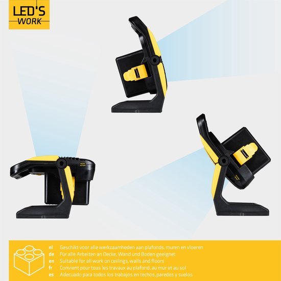 LED's Work 18V Acculamp Werklamp - Incl Adapters - LED Werklamp 5000lm – Klasse 3 • IP54 • IK08 • Dimbaar • Compatibel met Makita, Bosch, DeWalt & Metabo Bouwlampen led.gl