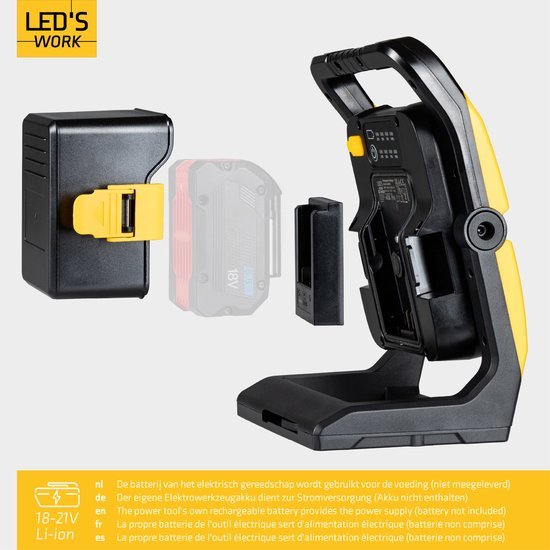 LED's Work 18V Acculamp Werklamp - Incl Adapters - LED Werklamp 5000lm – Klasse 3 • IP54 • IK08 • Dimbaar • Compatibel met Makita, Bosch, DeWalt & Metabo Bouwlampen led.gl