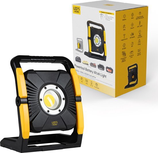 LED's Work 18V Acculamp Werklamp - Incl Adapters - LED Werklamp 5000lm – Klasse 3 • IP54 • IK08 • Dimbaar • Compatibel met Makita, Bosch, DeWalt & Metabo Bouwlampen led.gl