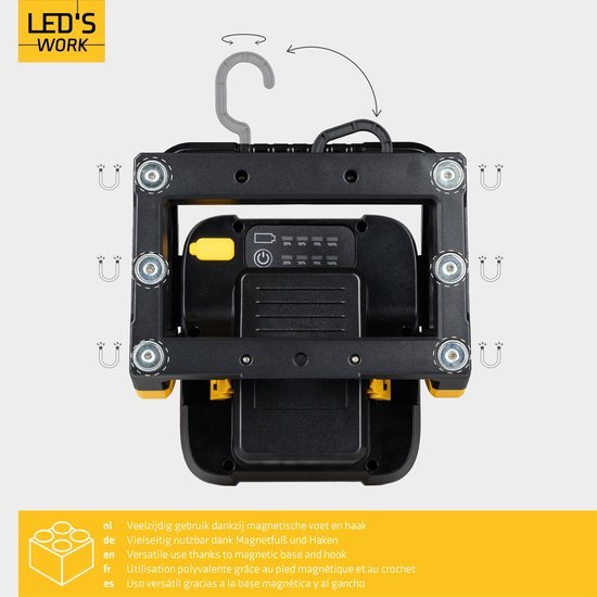 LED's Work 18V Acculamp Werklamp - Incl Adapters - LED Werklamp 5000lm – Klasse 3 • IP54 • IK08 • Dimbaar • Compatibel met Makita, Bosch, DeWalt & Metabo Bouwlampen led.gl