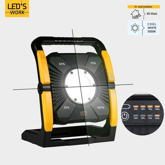 LED's Work 18V Acculamp Werklamp - Incl Adapters - LED Werklamp 5000lm – Klasse 3 • IP54 • IK08 • Dimbaar • Compatibel met Makita, Bosch, DeWalt & Metabo Bouwlampen led.gl
