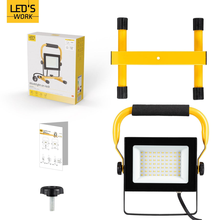 LED's Work 50W Bouwlamp Werklamp Bedraad 4900lm - Verstelbare beugel - Waterdicht (IP65) - Zwart geel Werklampen led.gl