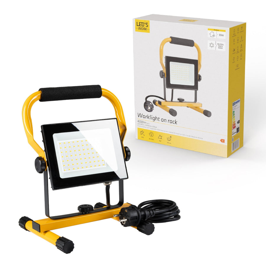 LED's Work 50W Bouwlamp Werklamp Bedraad 4900lm - Verstelbare beugel - Waterdicht (IP65) - Zwart geel Werklampen led.gl