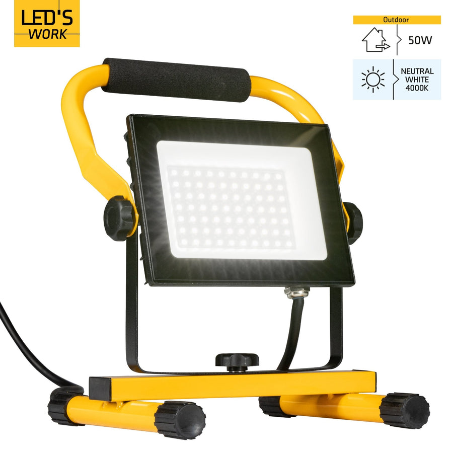 LED's Work 50W Bouwlamp Werklamp Bedraad 4900lm - Verstelbare beugel - Waterdicht (IP65) - Zwart geel Werklampen led.gl