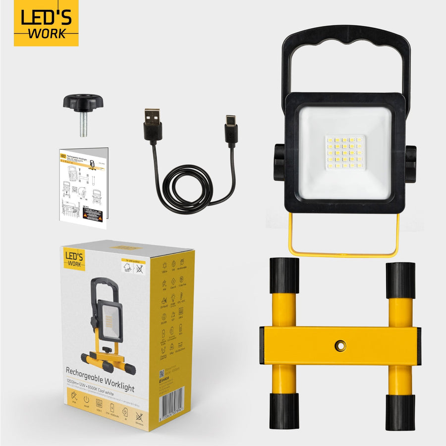 LED's Work draadloze LED Werklamp op accu 1200lm - Oplaadbaar en kantelbaar - Zwart geel Werklampen led.gl