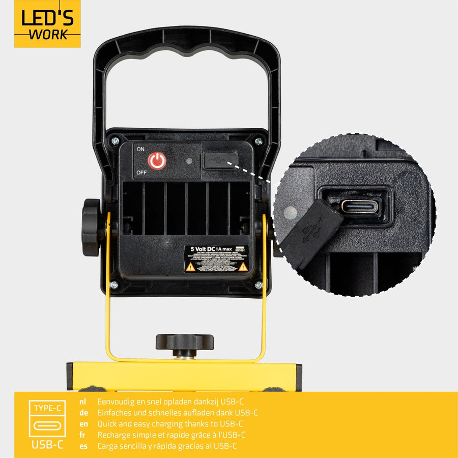 LED's Work draadloze LED Werklamp op accu 1200lm - Oplaadbaar en kantelbaar - Zwart geel Werklampen led.gl