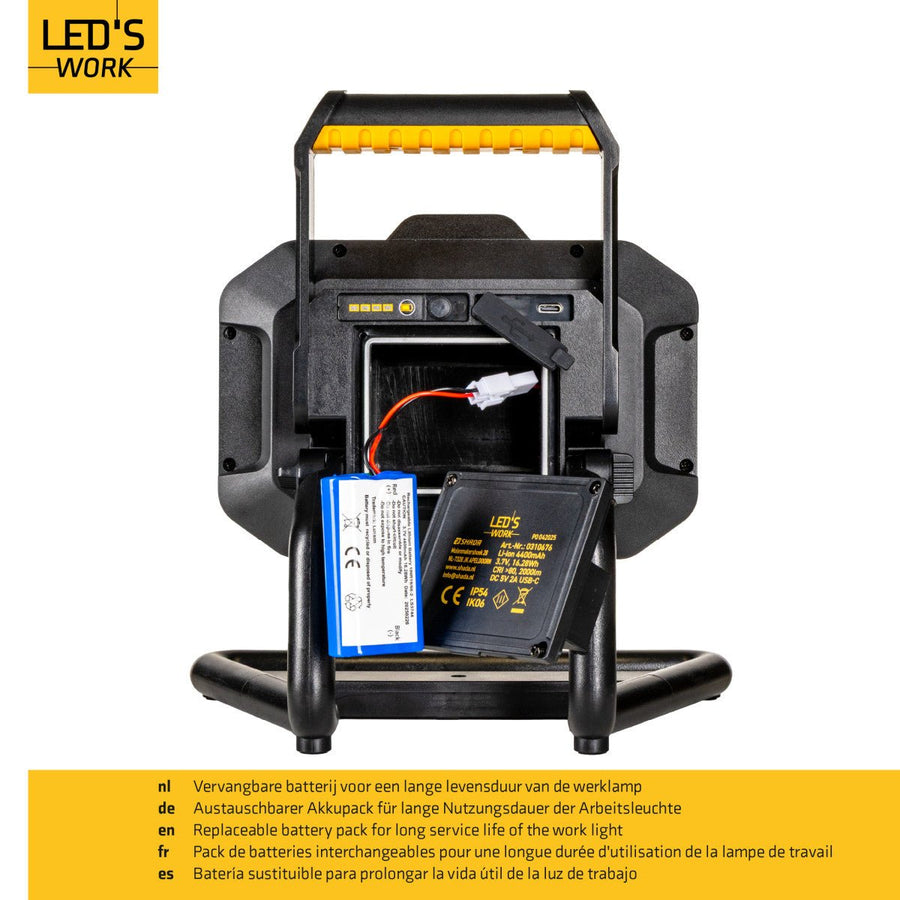 LED's Work LED oplaadbare Bouwlamp 20W 2000lm - Werkt draadloos op accu - Stof- en waterdicht - Inklapbaar Bouwlampen led.gl