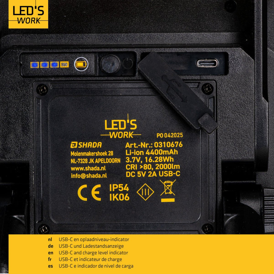 LED's Work LED oplaadbare Bouwlamp 20W 2000lm - Werkt draadloos op accu - Stof- en waterdicht - Inklapbaar Bouwlampen led.gl