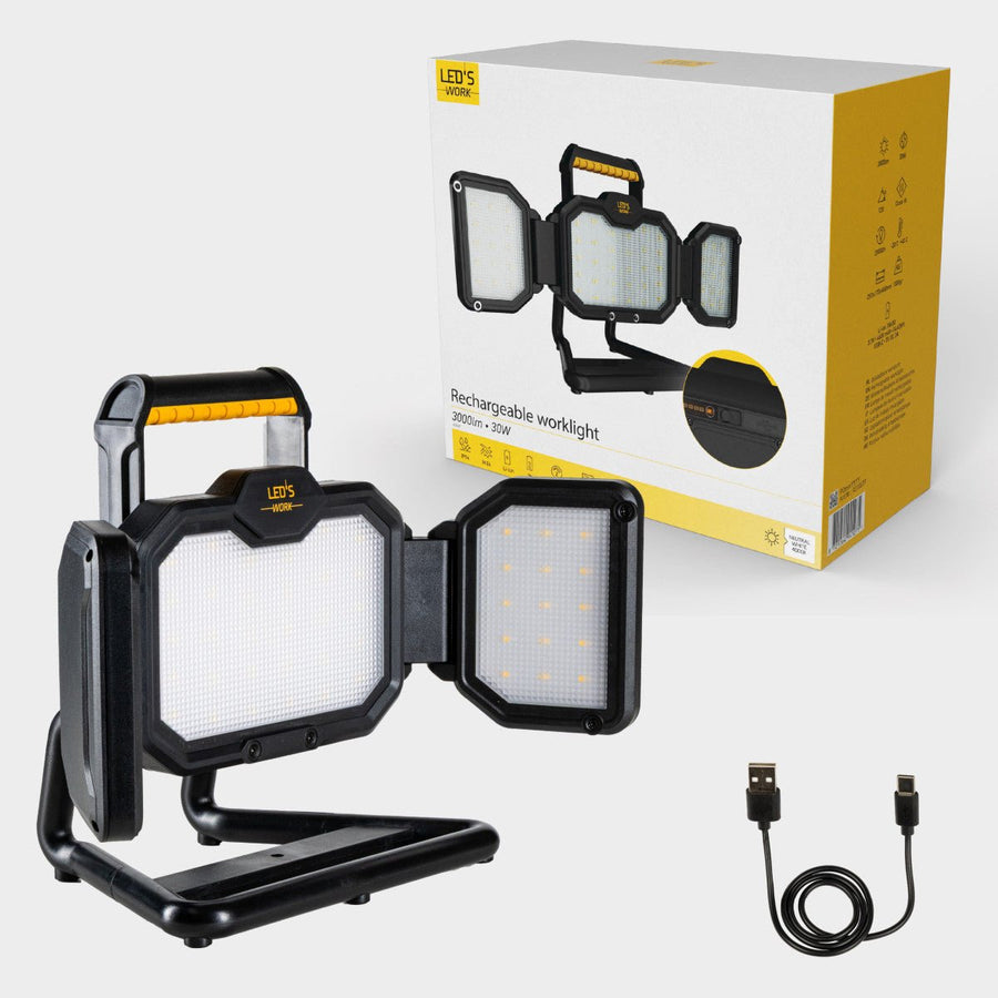 LED's Work LED Bouwlamp Werklamp Oplaadbaar 4000lm 30W Opvouwbaar & Compact Werklampen led.gl