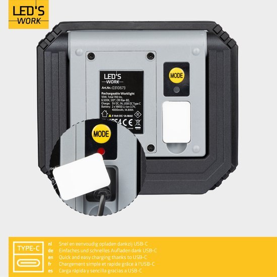 LED's Work Oplaadbare LED werklamp met accu 700 - Draadloos en draagbaar - 10W Bouwlampen led.gl