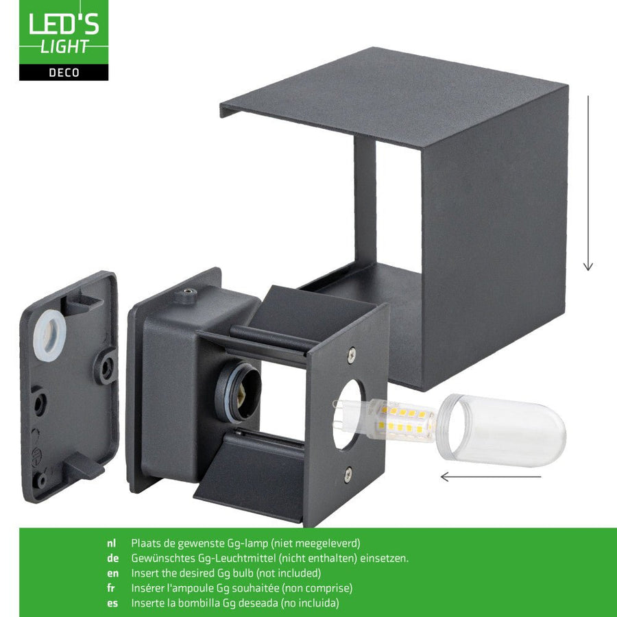 Lumo Cube Antraciet - Wandarmatuur zonder lichtbron - Excl 1xG9 - IP65 Wandlampen led.gl