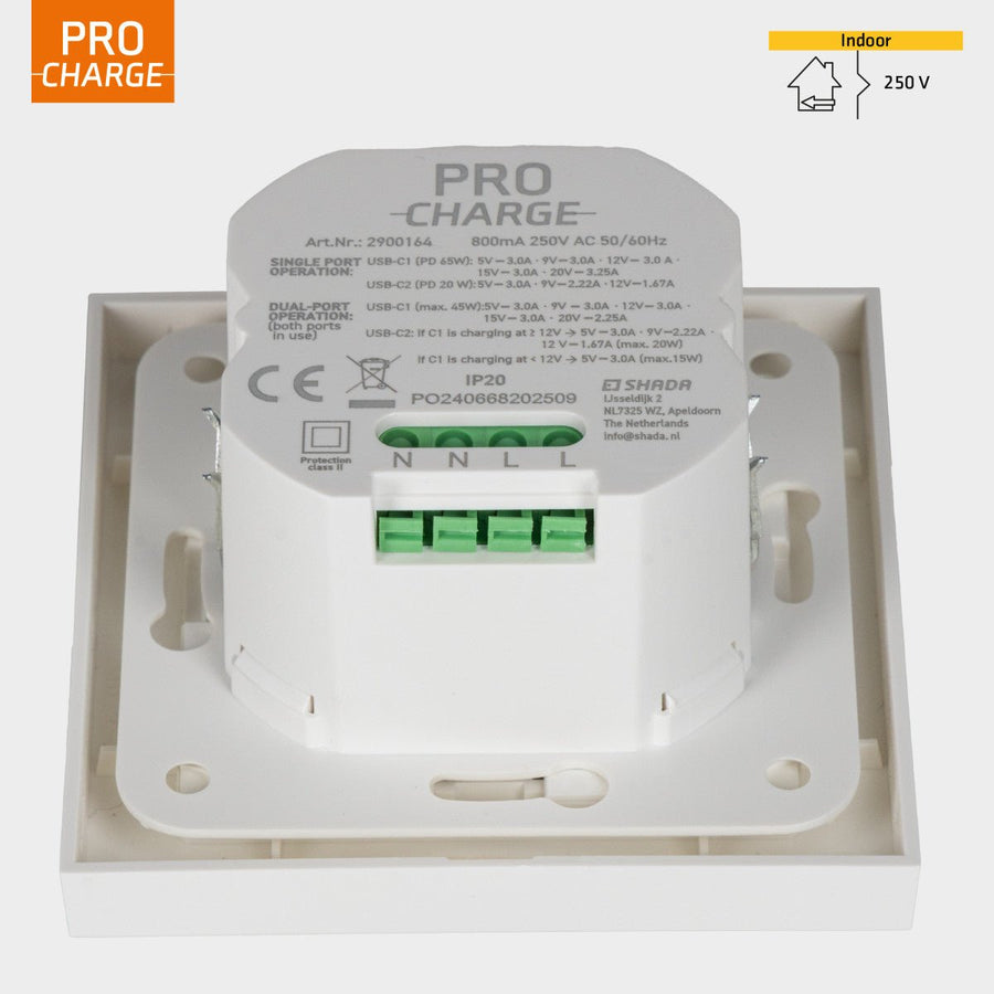 ProCharge USB-C inbouw wandcontactdoos stopcontact duo - 2 snelladers USB-C poorten - Universeel - Wit Stekkers led.gl